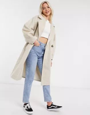ASOS DESIGN brushed coat with sleeve detail in stone | ASOS (Global)