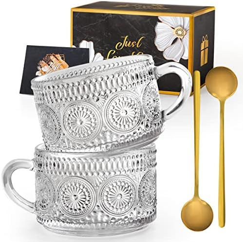 Ymyaye Vintage Glass Coffee Mugs Set of 2, 14 Ounces Embossed Glass Coffee Cups Stackable Coffee ... | Amazon (US)