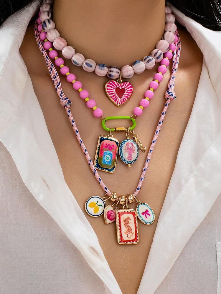 Boho Layered Enamel Charm Necklace Set For Women, Colorful Carabiner Clasp Necklace With Intercha... | SHEIN