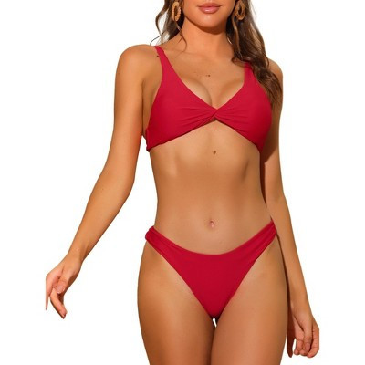 Elerevyo Women's Twist Cross Knot Solid Adjustable Straps Self-Tie Back Swimsuits Bikini 1 Set Large Red | Target