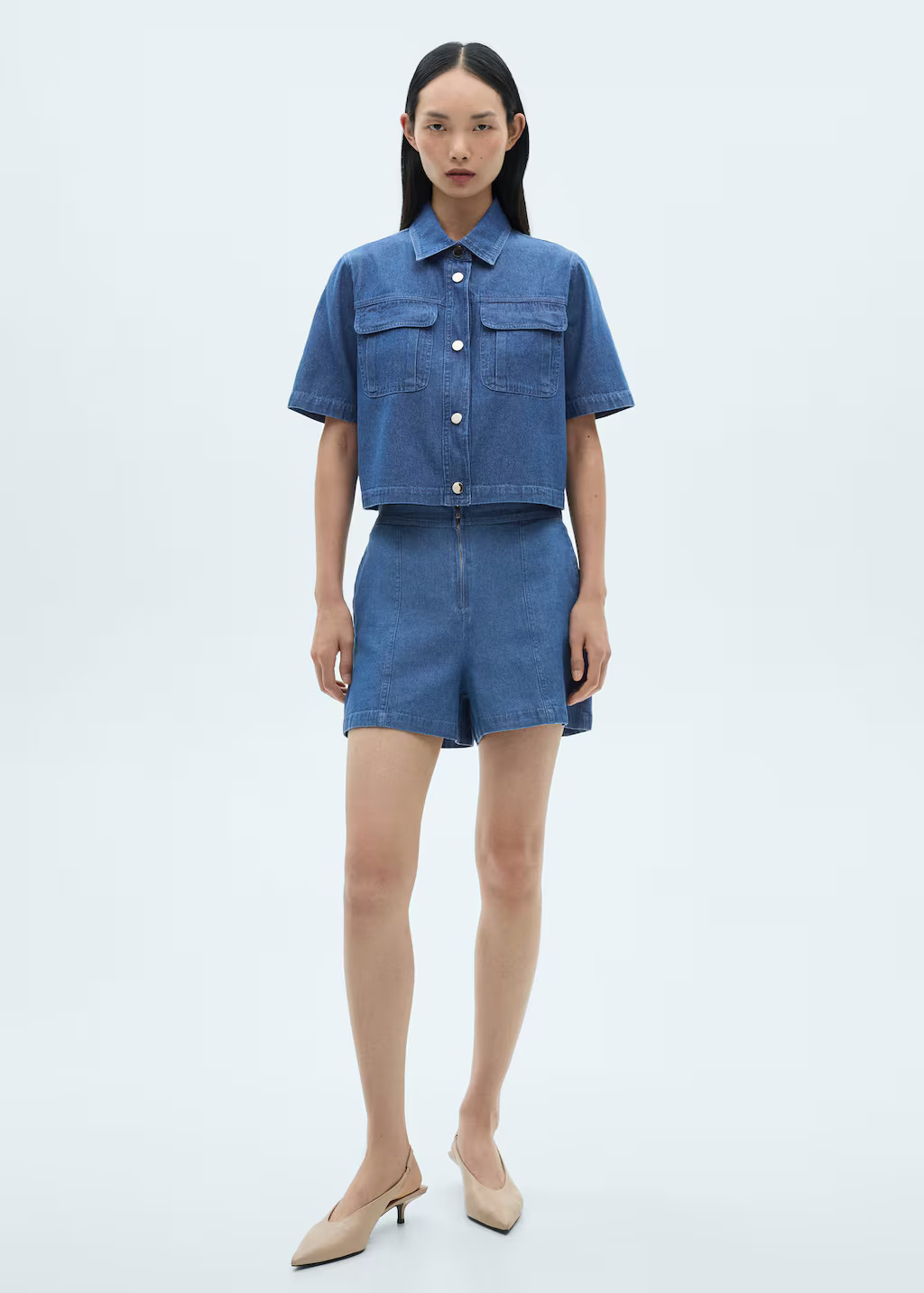 Cropped denim shirt medium blue - Woman - 8 - MANGO | MANGO (UK)