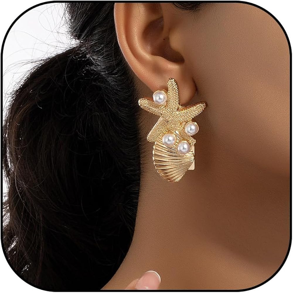 Gold Starfish Seashell Earrings Gold Conch Shell Earrings for Women Sea Shell Stud Earrings Gold ... | Amazon (US)
