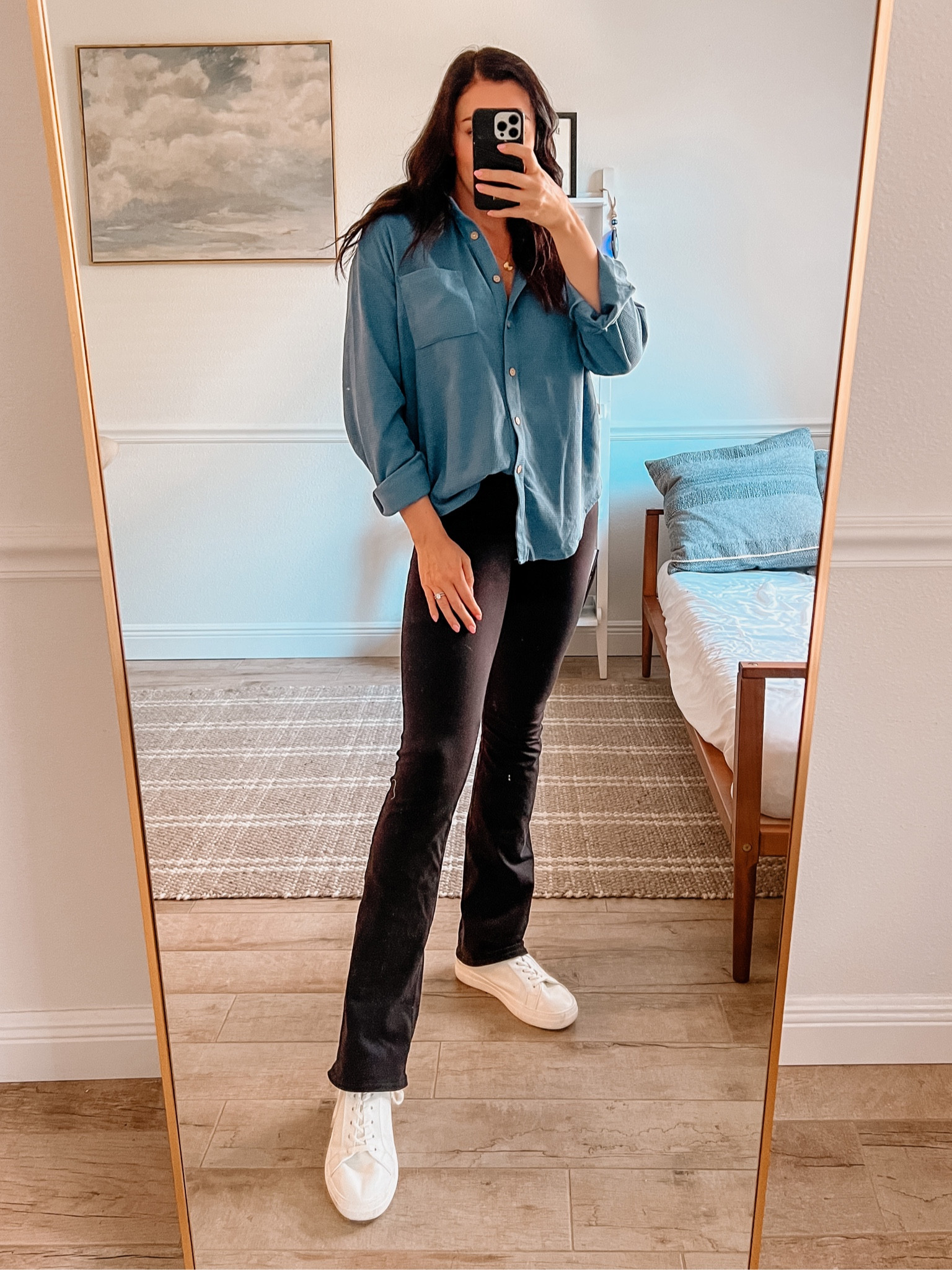 Casual comfy outfit with Amazon blue shacket and Alo flare leggings yoga pants 