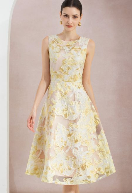 Golden Floral Jacquarded Sleeveless Organza Midi Dress for Bridal Events & Elegant Receptions | Chicwish