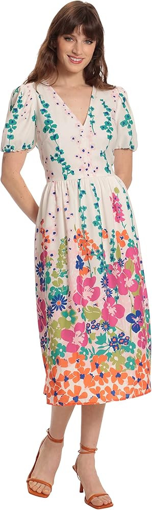 Donna Morgan Women's Colorful Floral and Vine Printed V-Neck Puff Sleeve Midi Dress | Amazon (US)