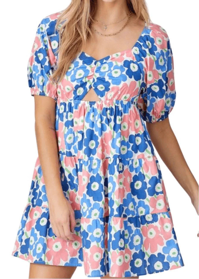 Navy and coral floral key hole mini dress | Mulberry & King