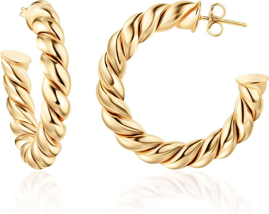 Barzel 18k Gold Plated Chunky Twisted Hoop Earrings, 5mm Thick, 10-40mm Sizes, Open Hoop Earrings... | Amazon (US)