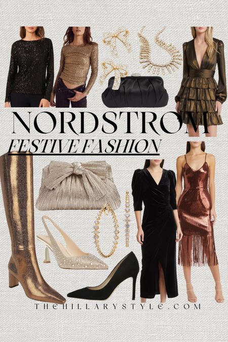 Nordstrom Festive Fashion: holiday party and event looks for the holidays. Festive dresses, gold dress, black dress, metallic dress, holiday dress, dress, sequin top, gold boots, boots, black pumps, gold pumps, event shoes, clutch, statement jewelry, statement earrings, gold earrings. Christmas outfit, holiday outfit, holiday fashion, event fashion. 

#LTKparties #LTKstyletip #LTKHoliday