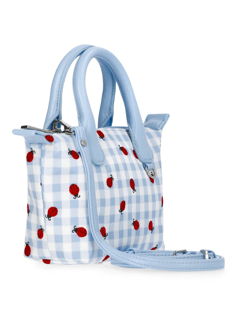 No Boundaries Women's Mini Tote Crossbody Bag, Sky Gingham with Ladybug Embroidery | Walmart (US)