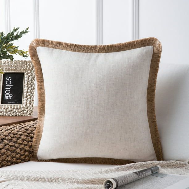 Phantoscope Linen Tassel Trimmed Farmhouse Series Decorative Throw Pillow, 18" x 18", Off White, ... | Walmart (US)