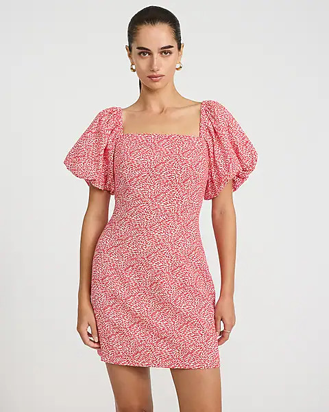 Printed Linen-blend Puff Sleeve Smocked Back Mini Dress | Express