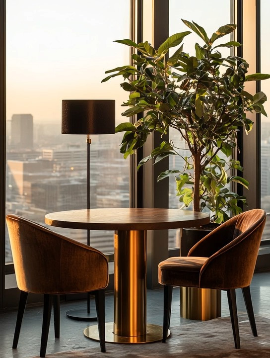 Create a simple, elegant home café experience—perfect for a quiet reading nook or a table-for-two moment with a view.
This intimate setup transforms everyday dining into a hotel-inspired ritual. A sculptural round table anchors the space, paired with two rich brown velvet dining chairs that add warmth, softness, and understated luxury. Velvet upholstery brings depth and comfort, while the warm brown tones feel timeless and inviting.

A sleek floor lamp with a black shade completes the look, adding contrast and soft ambient lighting for early mornings or relaxed evenings. Together, the mix of wood, velvet, black accents, and warm metallic details creates a balanced palette that feels calm, elevated, and effortlessly cohesive.

To finish the space, add a tree-like indoor plant in a gold planter. The greenery softens the architectural lines, brings life into the room, and enhances the warm, café-style atmosphere. It’s a simple yet intentional way to enjoy dining with a view—right at home—where every element feels thoughtfully curated.

#HomeCafeStyle #DiningWithAView #WarmLuxuryHome 

 #LTKHome