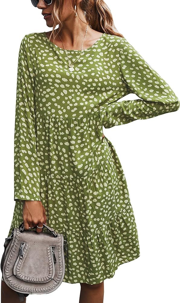 ECOWISH Women's Polka Dot Dress Ruffle Sleeves Boho Pleated Swing Blouse Dresses | Amazon (US)