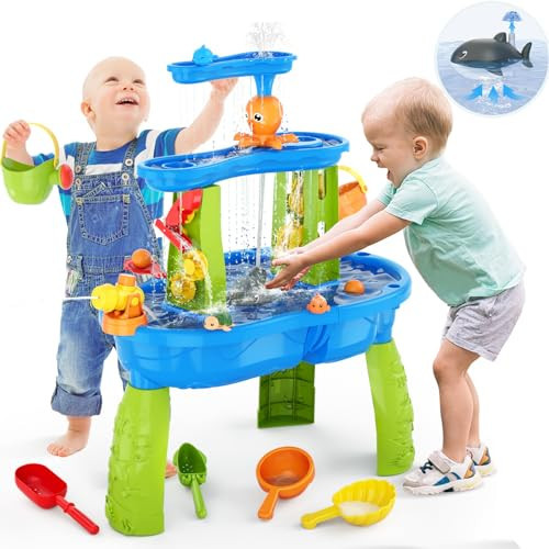 HYES Auto Water Table for Toddlers 3-5 with Water Pumb, 3-Tier Kids Sand Water Table, Rain Showers Splash Pond for Outdoor Beach Backyard Summer, Activity Sensory Play Table for Boys Girls | Amazon (US)