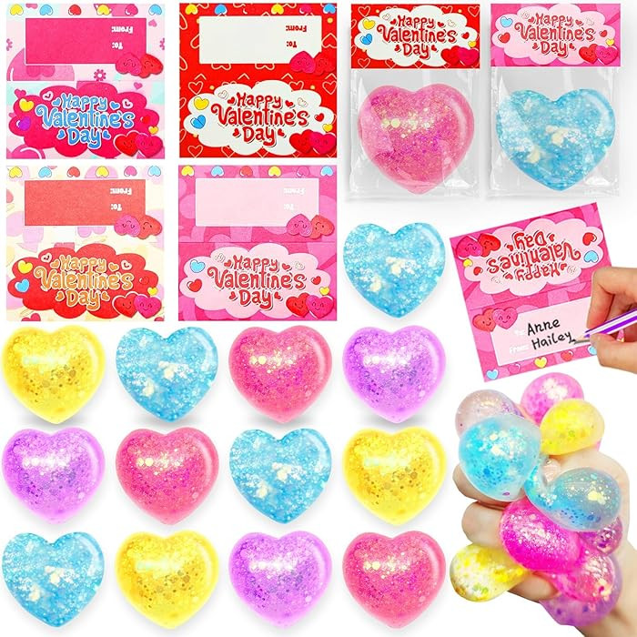 28 Pack Valentines Day Gifts for Kids with Heart Glitter Stress Balls Valentines Day Cards for Ki... | Amazon (US)