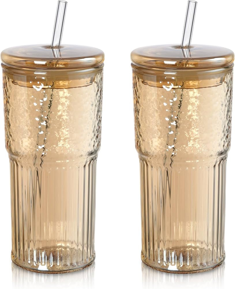 Joeyan 22 oz Amber Glass Tumbler with Straw and Lid for Iced Tea Coffee Smoothie Water Juice Beve... | Amazon (US)
