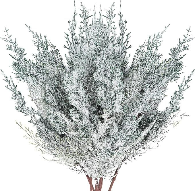 6 Pieces Frosted Artificial Cedar Pine Branches Sprigs 17" Snowy Faux Cedar Twig White Winter Gre... | Amazon (US)