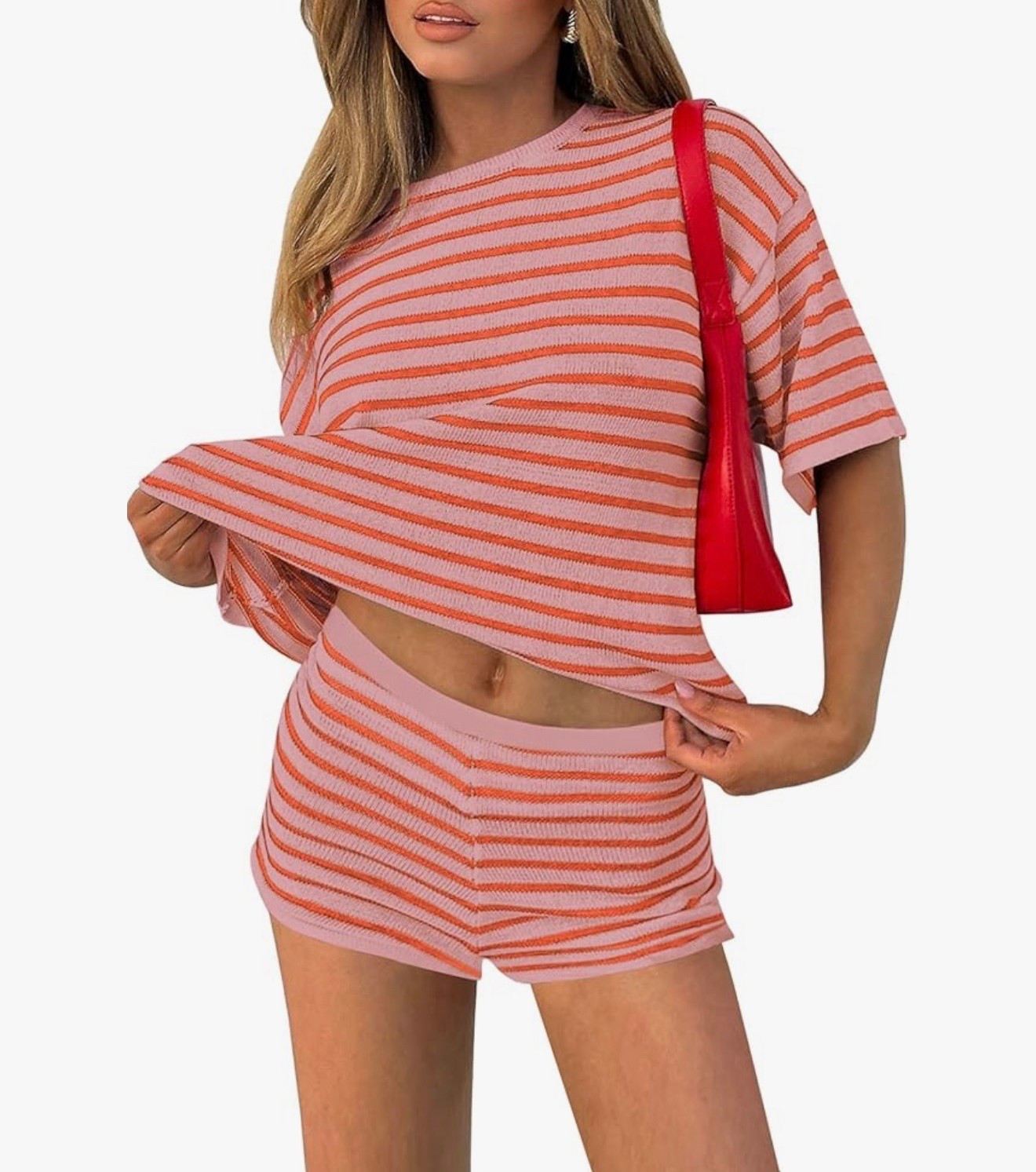 2 Piece Sweater Set for Womens Summer Short Sleeve Tops Striped Matching Shorts Lounge Sets #loungeset #matchingset #traveloutfit #amazonset #stripedset#summerset
