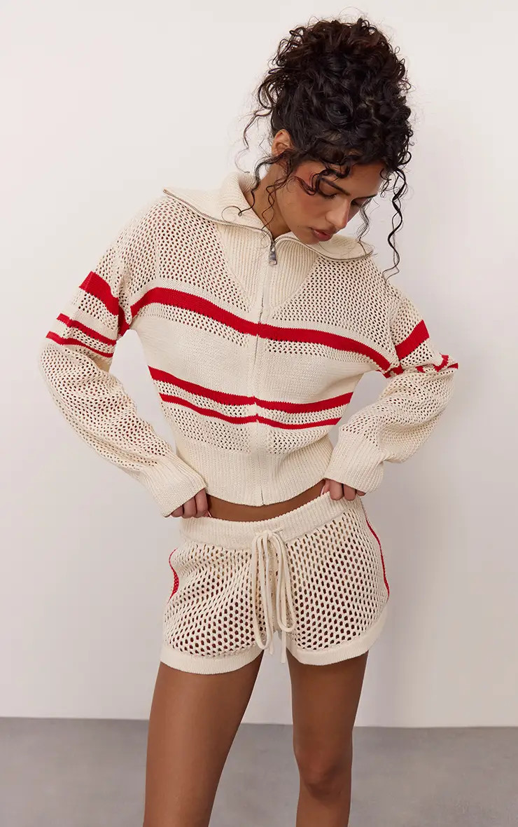 Cream Drawstring Crochet Knit Mini Shorts | PrettyLittleThing UK