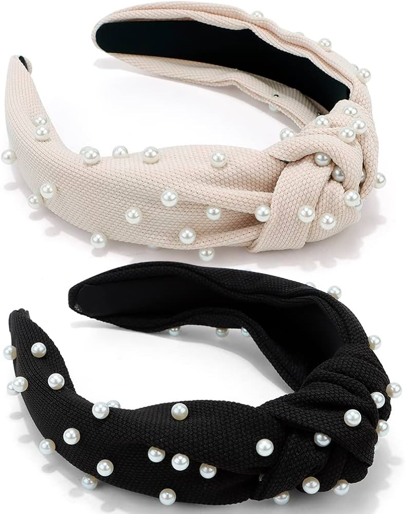 Atoden Pearl Knotted Headbands for Women 2 Pcs Pearl Headband Top Knot Headbands Beaded Headband ... | Amazon (US)