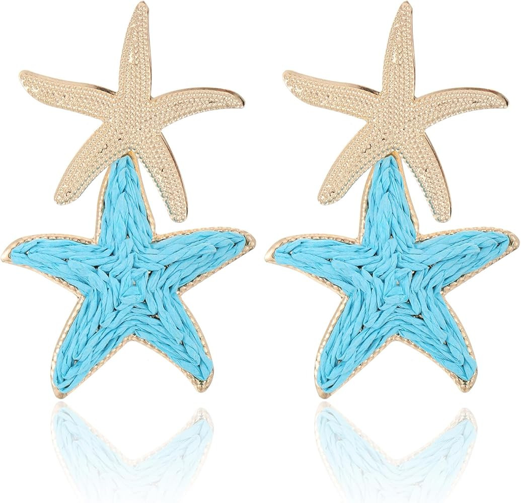 Raffia Starfish Earrings, Raffia Straw Wrapped Starfish Drop Dangle Earrings Summer Tropical Beac... | Amazon (US)