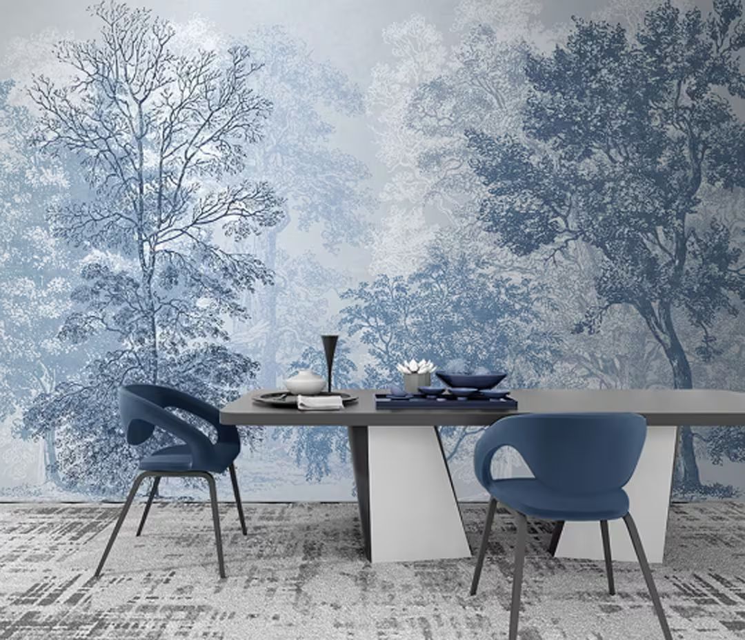 Blue Floral Trees Peel and Stick Wallpaper, Blue Forest Wallpaper, Blue Trees Self Adhesive Wallp... | Etsy (US)