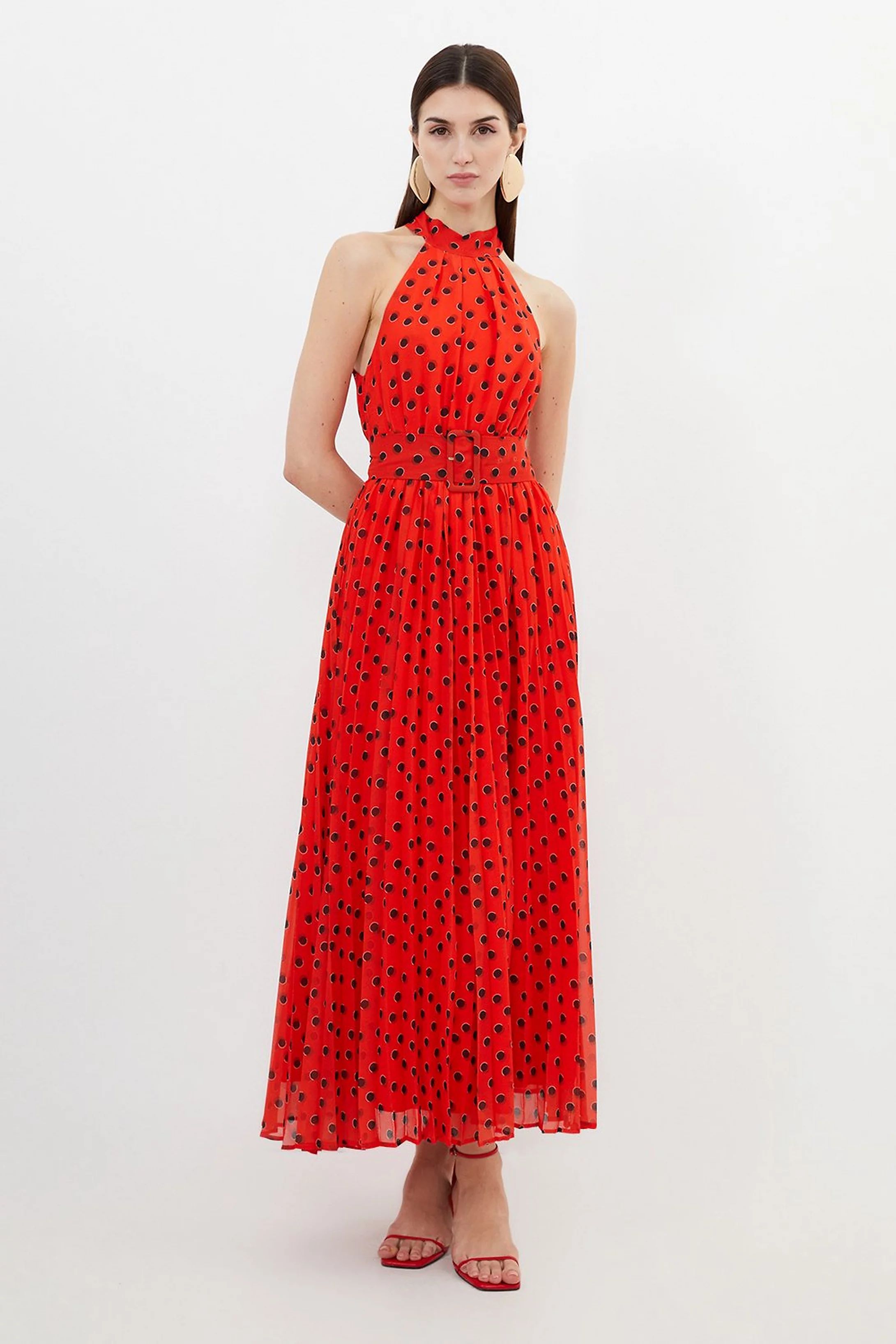 Tall Spot Print Pleated Georgette Woven Halter Midi Dress | Karen Millen UK + IE + DE + NL