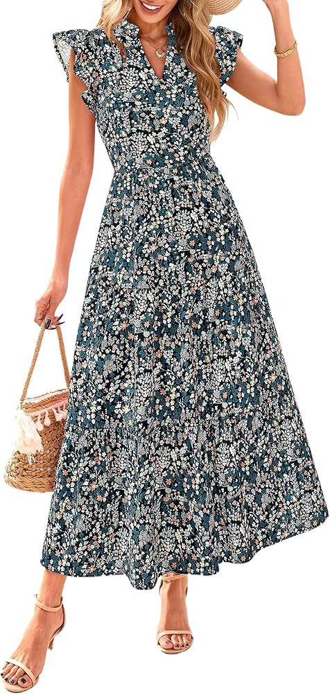 PRETTYGARDEN Women's 2026 Summer Floral Midi Dress Cap Sleeve V Neck Ruffle Long Flowy Boho Casua... | Amazon (US)