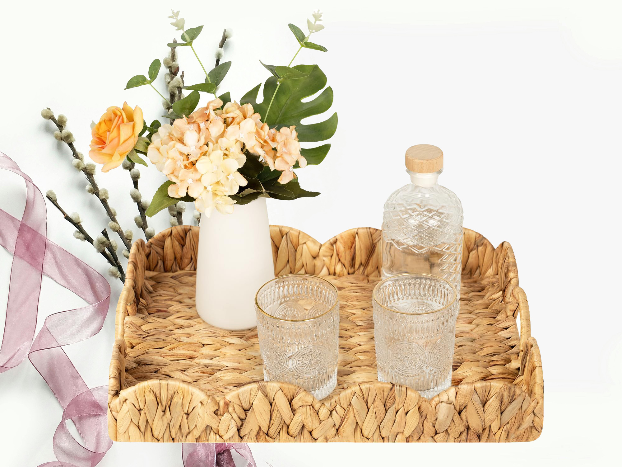 Scalloped Edge Water Hyacinth Rattan Serving Tray with Built-in Handles - Decorative Coffee Table... | Walmart (US)