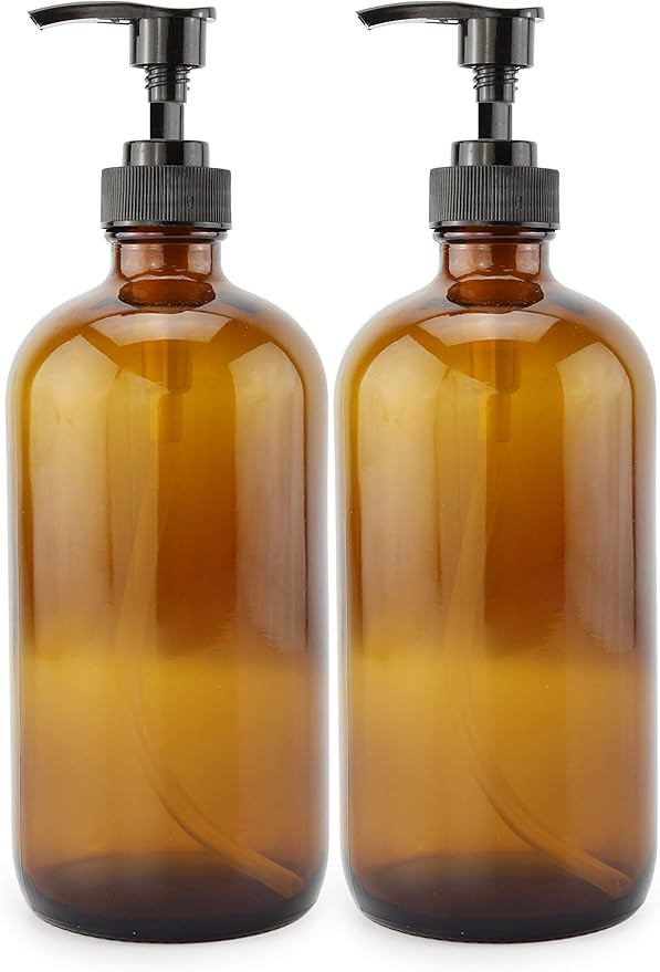 16-Ounce Amber Glass Bottles w/ Pump Dispensers (2-Pack); Refillable Lotion Liquid Soap Pump Brow... | Amazon (US)