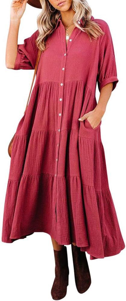 R.Vivimos Women's Summer Cotton Half Sleeves Button Down Casual Loose Slit Midi Dress with Pockets | Amazon (US)