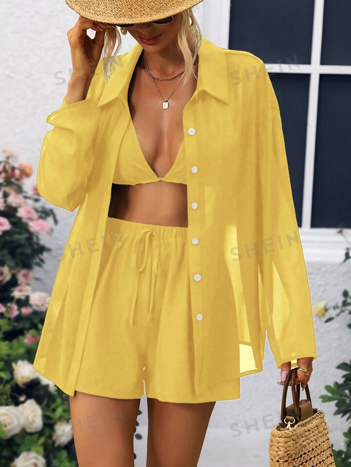 SHEIN VCAY Solid Color V-Neck Camisole With Button-Up Long Sleeve Shirt And Elastic Waist Shorts | SHEIN