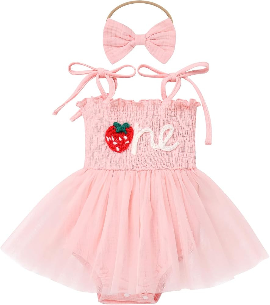 IMEKIS Baby Girl Strawberry One Birthday Outfit Boho Romper Tulle Dress Headband Summer Cake Smas... | Amazon (US)