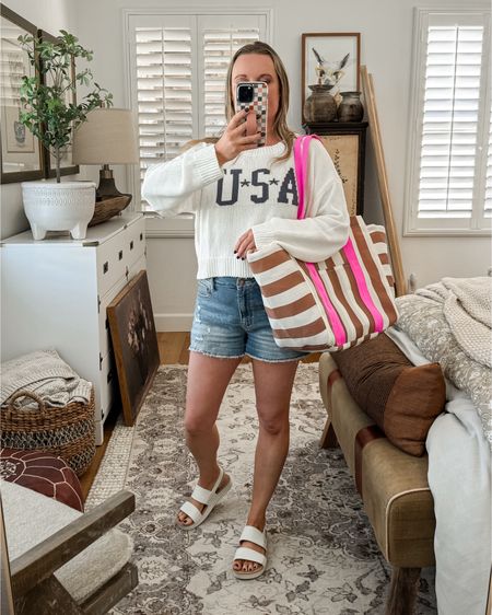 This USA sweater top is so cute!! Get it! It’s lightweight and cropped. Perfect for summer. And this is a must have beach bag!  Everything is true to size 

#LTKActive #LTKSaleAlert #LTKOver40