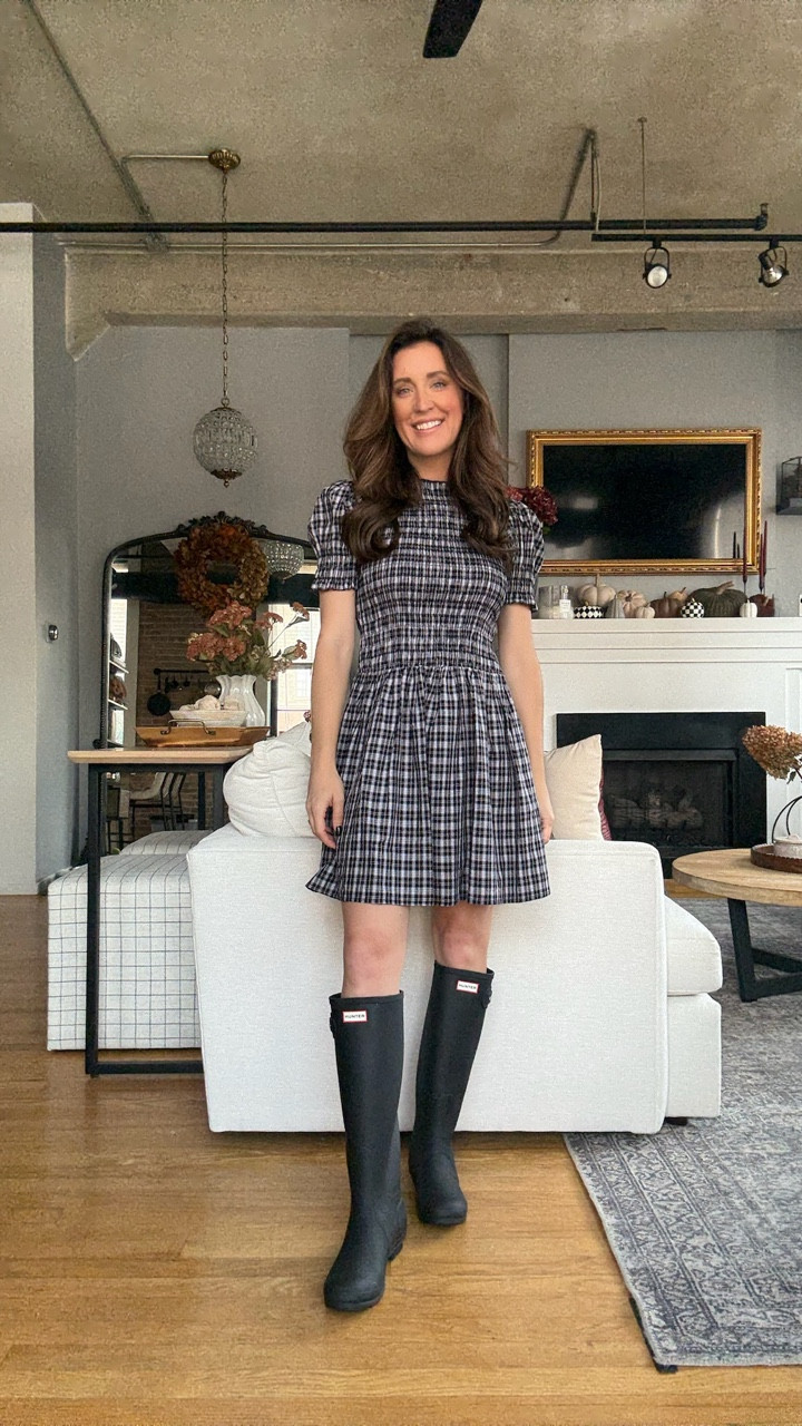 Adorable plaid smocked mini dress with short puff sleeves. Perfect length to also wear for work, school or church. Paired with tall matte black Hunter rain boots. Fits TTS. All from Nordstrom! 

#LTKStyleTip #LTKShoeCrush #LTKPetite
