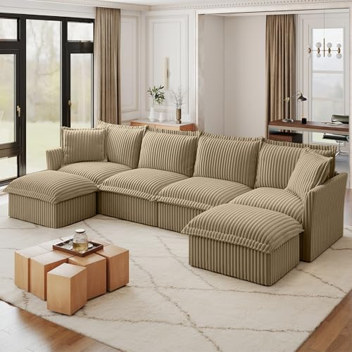 156.6" Slipcovered Modular Cloud Sectional Sofa, Deep Seat Corduroy U Shaped Couch with Removable Covers, 4-Seater Sofa with 2 Movable Ottomans for Living Room (Light Camel) | Amazon (US)