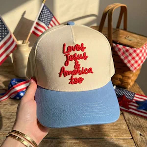 Loves Jesus and America Too 3D Puff Embroidered Hat: Red White Blue Vacation Cap | Etsy (Global)