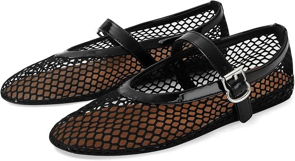 Women's Mesh Ballet Flats Fishnet Ballerina Flats Buckle Strap Mary Jane Causal Daily Dress Shoes | Amazon (US)
