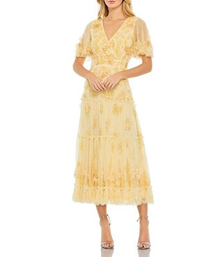 3D Floral Embellished Beaded Mesh V-Neck Flutter Sleeve A-Line Dress | Dillard's