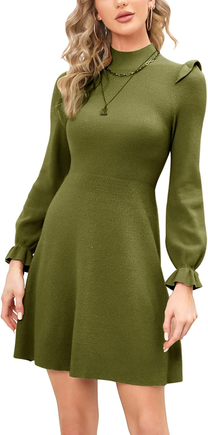 EXLURA Women's Mock Neck Ribbed Long Ruffle Sleeve Pullover Waisted Cute Mini Sweater Dress | Amazon (US)