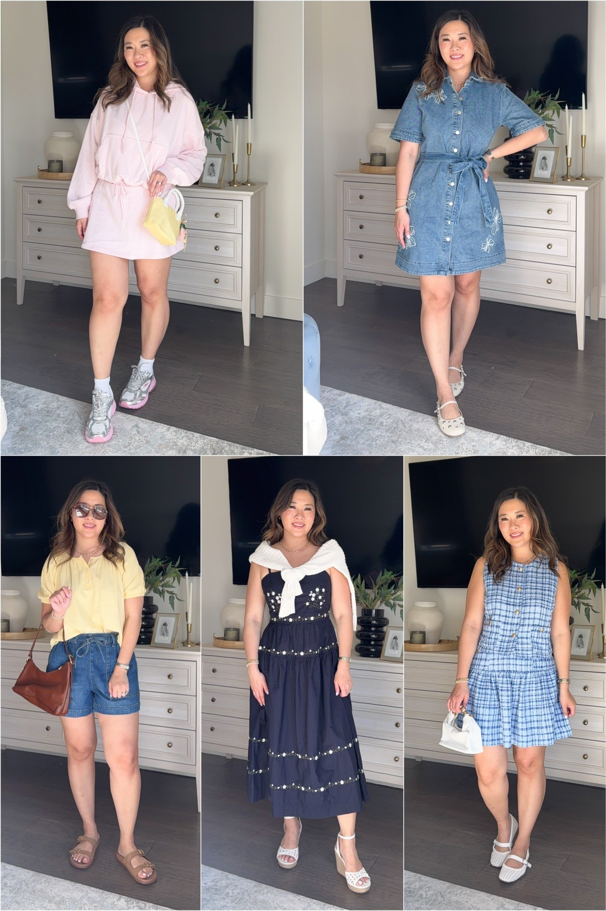 Walmart Spring Outfits

Pink Bubble Sweatshirt: Large
Pink Skort: Medium
Embroidered Denim Dress: Medium
Yellow Top: Medium
Shorts: Medium
Maxi Dress: Small
Tweed Tank: Medium
Tweed Skirt: 6