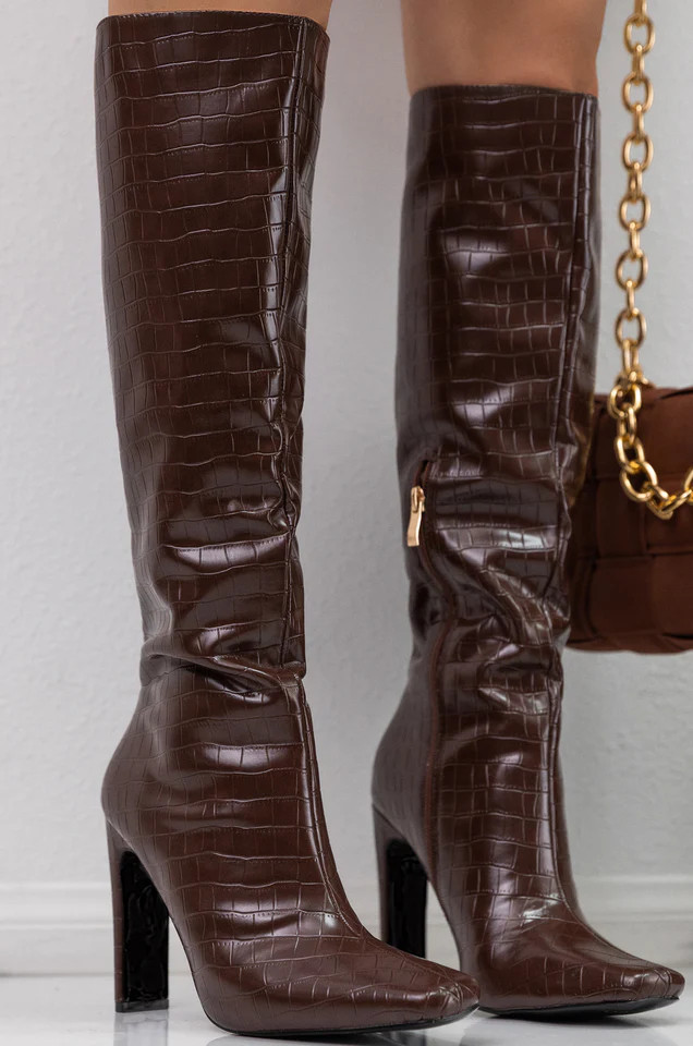 Miss Lola | Adelaisa Brown Croc Knee High Heel Boots | MISS LOLA