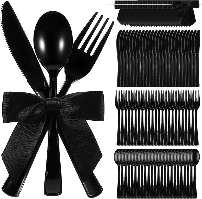Minatee 25 Sets Black Plastic Cutlery Set with Twist Tie Bows, Heavy Duty Tableware Disposable Fo... | Amazon (US)