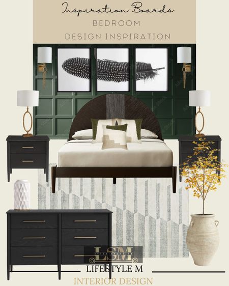 Need bedroom design inspiration? Recreate this bedroom look at home by shopping these pieces together. Black bed frame, black dresser, black night stands, bed throw pillows, white table vase, gold brass table lamp, modern feather wall art, wall sconce lights, white creme planter, faux yellow tree, white stripe bed room rug. 

#LTKSeasonal #LTKhome #LTKstyletip