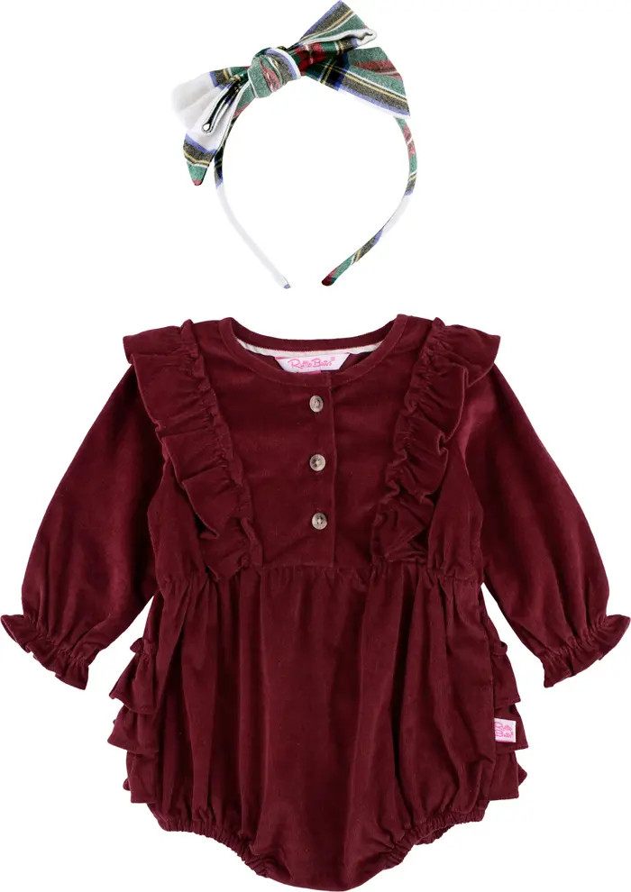 Ruffle Stretch Corduroy Romper & Plaid Headband Set | Nordstrom