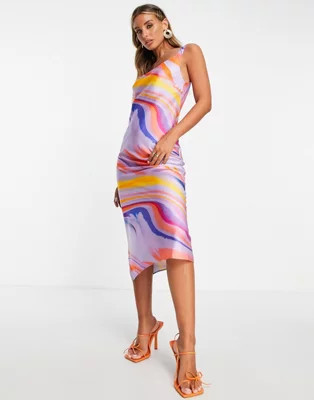 ASOS DESIGN scoop neck midi slip dress in purple marble print | ASOS (Global)