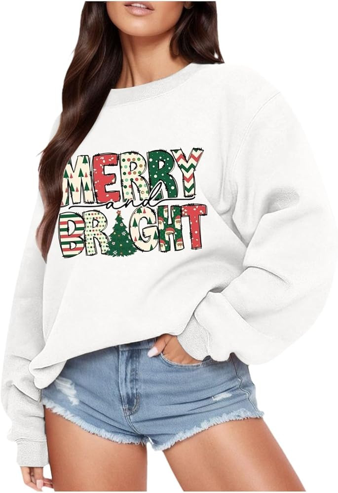 Christmas Sweatshirt Women Merry and Bright Letter Fleece Sweater Shirts Xmas Holiday Pullover Cu... | Amazon (US)