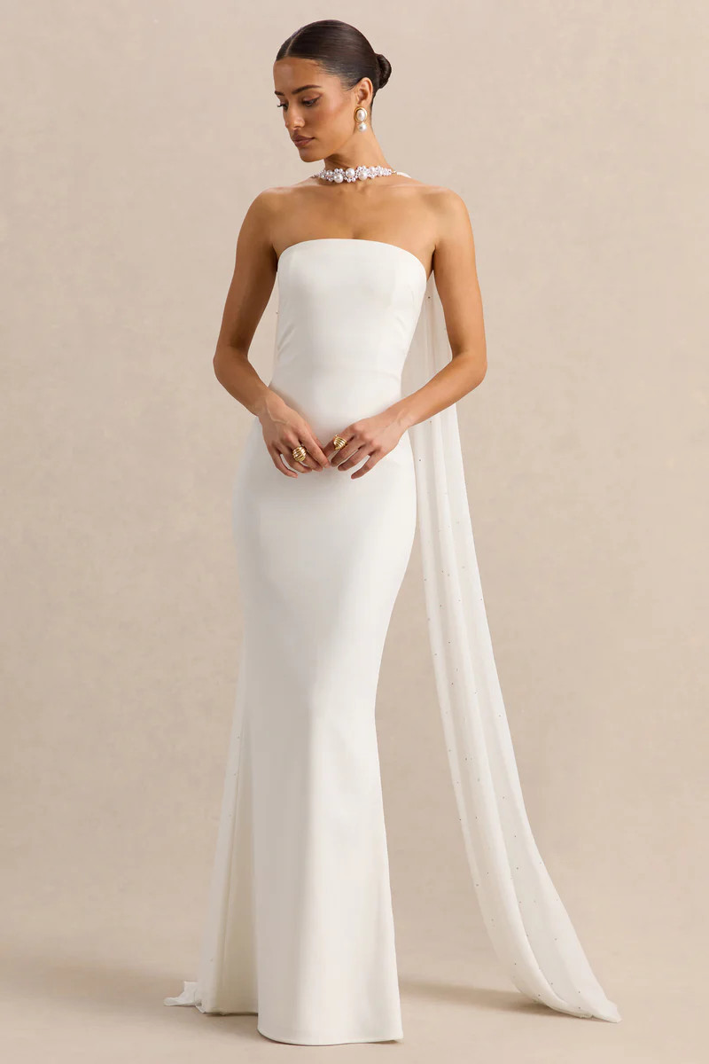 Alina  White Bandeau Maxi-Dress With Cape | Club L London