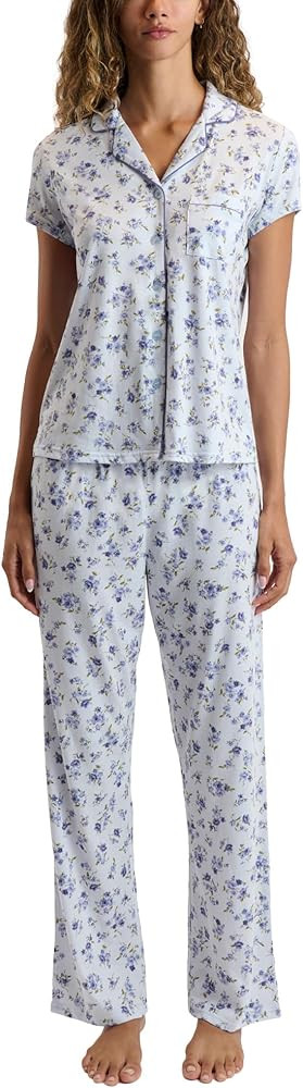 Laura Ashley Women's Pajamas 2 Piece Cotton Blend Notch Collar Button Down PJ Set | Amazon (US)
