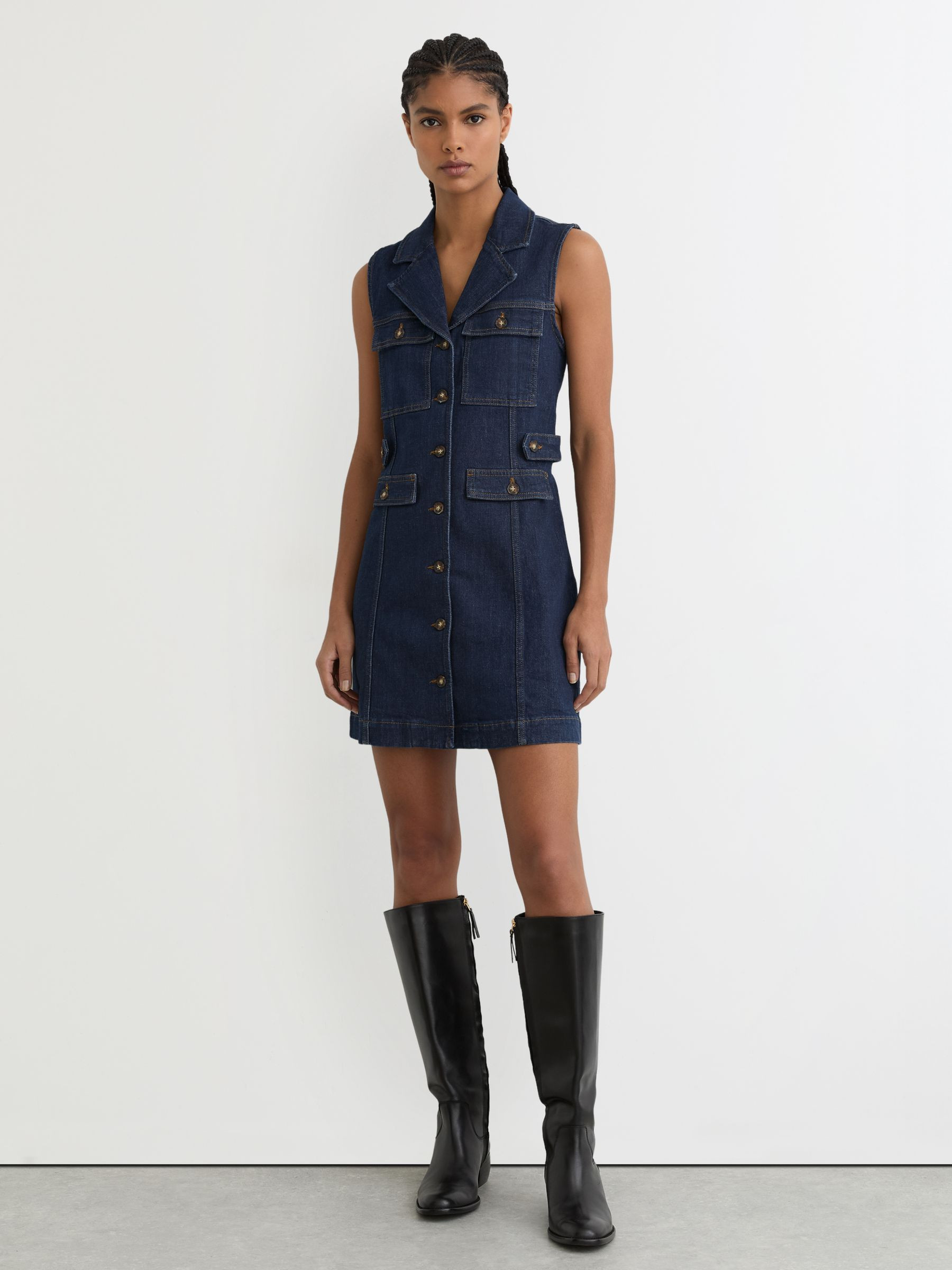 Reiss Sleeveless Denim Mini Dress in Dark Blue | REISS | Reiss US